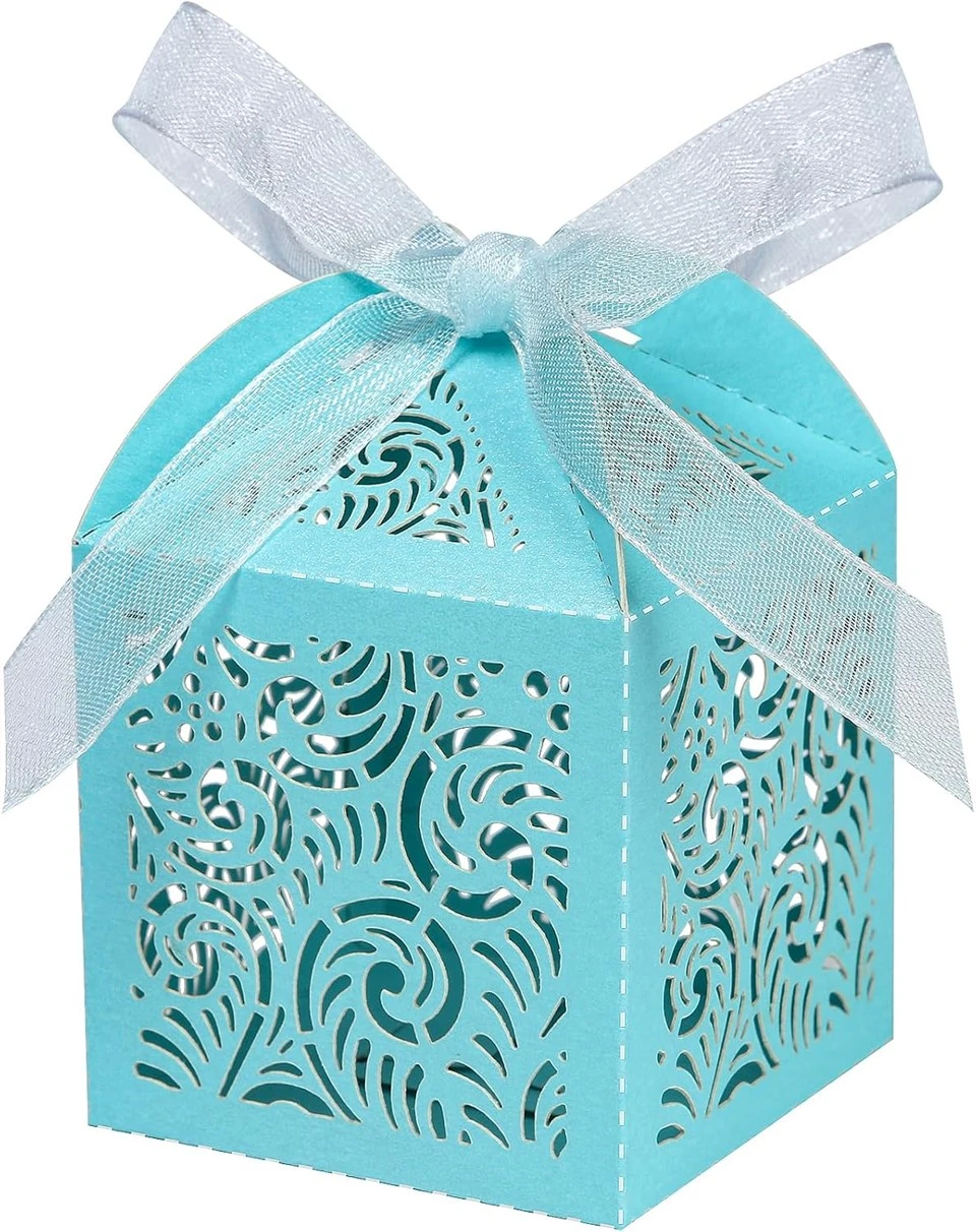 Boîte à dragées découpée au laser bleu Tiffany personnalisée-avec ruban en organza transparent