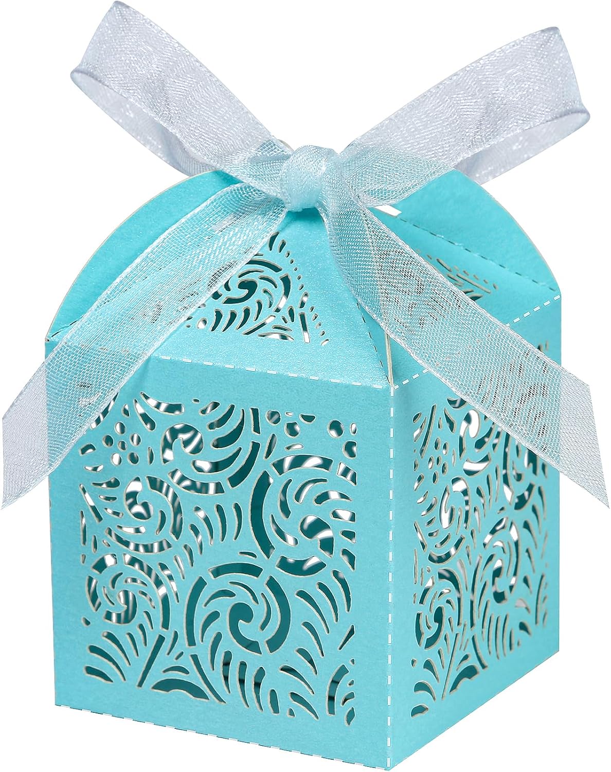 Custom Tiffany Blue Laser-Cut Favor Box with Sheer Organza Ribbon Custom Tiffany Blue Laser-Cut Favor Box with Sheer Organza Ribbon